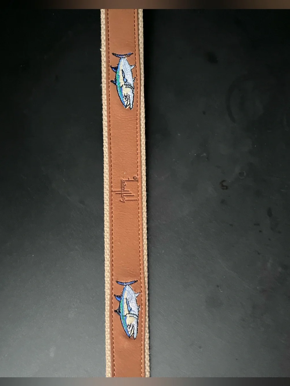 NWOT Guy Harvey Tan Leather Belt with Multicolor Tuna Embroidery